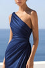 Laden Sie das Bild in den Galerie-Viewer, Marineblau Eine Schulter Satin Rüschen Meerjungfrau Lange Formelle Kleid