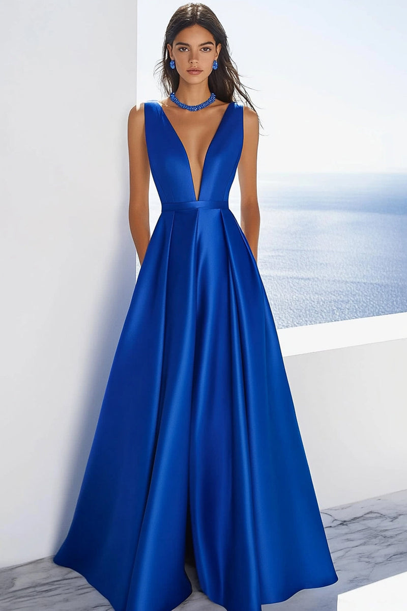Laden Sie das Bild in den Galerie-Viewer, Königsblau Satin V Ausschnitt A Linie Lange Formelle Kleid