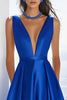 Laden Sie das Bild in den Galerie-Viewer, Königsblau Satin V Ausschnitt A Linie Lange Formelle Kleid