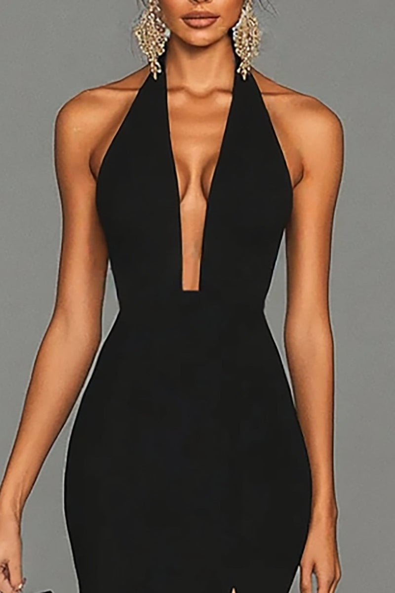 Laden Sie das Bild in den Galerie-Viewer, Elegant Schwarz Meerjungfrau Satin Neckholder Maxi Abendkleid mit Schlitz