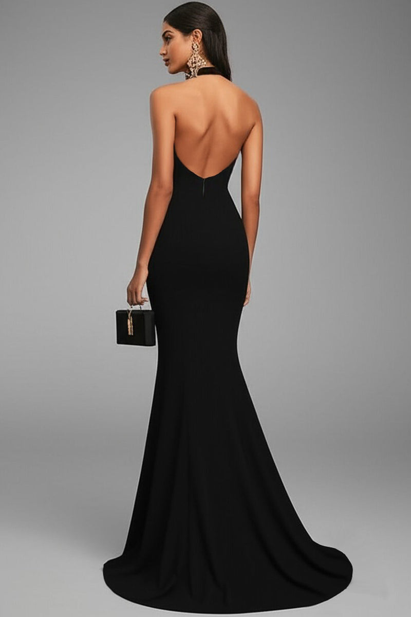 Laden Sie das Bild in den Galerie-Viewer, Elegant Schwarz Meerjungfrau Satin Neckholder Maxi Abendkleid mit Schlitz