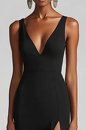 Schwarz Chiffon Meerjungfrau V Ausschnitt Lange Formelle Kleid mit Schlitz