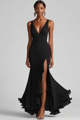 Schwarz Chiffon Meerjungfrau V Ausschnitt Lange Formelle Kleid mit Schlitz