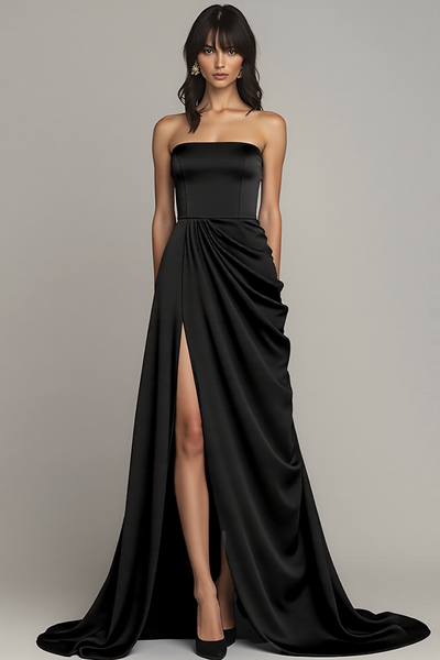 Schwarz Trägerlos Satin A Linie Lange Formelle Kleid mit Schlitz