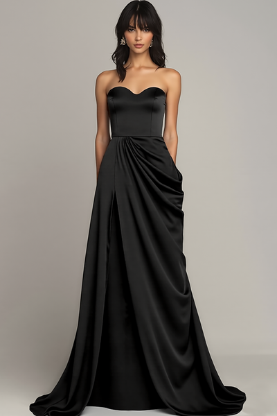 Schwarz Herz Ausschnitt Satin A Linie Lange Formelle Kleid
