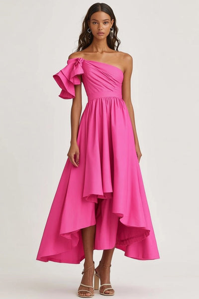 Fuchsia Eine Schulter A Linie Satin Ruffled Lange Formelle Kleid