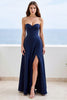 Laden Sie das Bild in den Galerie-Viewer, Marineblau A Linie Herz Ausschnitt Lange Satin Formelle Kleid mit Schlitz