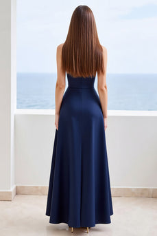 Marineblau A Linie Herz Ausschnitt Lange Satin Formelle Kleid mit Schlitz