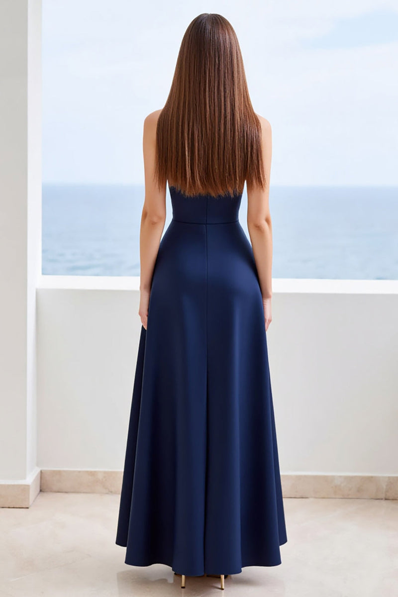 Laden Sie das Bild in den Galerie-Viewer, Marineblau A Linie Herz Ausschnitt Lange Satin Formelle Kleid mit Schlitz