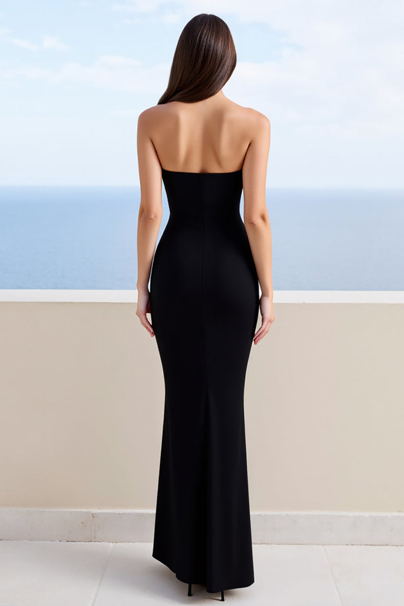 Laden Sie das Bild in den Galerie-Viewer, Schwarz Herz Ausschnitt Sheath Satin Lange Formelle Kleid mit Schlitz