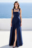 Laden Sie das Bild in den Galerie-Viewer, Marineblau Satin A Linie Square Ausschnitt Lange Formelle Kleid mit Schlitz