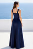 Laden Sie das Bild in den Galerie-Viewer, Marineblau Satin A Linie Square Ausschnitt Lange Formelle Kleid mit Schlitz