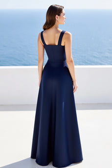 Marineblau Satin A Linie Square Ausschnitt Lange Formelle Kleid mit Schlitz