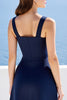 Laden Sie das Bild in den Galerie-Viewer, Marineblau Satin A Linie Square Ausschnitt Lange Formelle Kleid mit Schlitz
