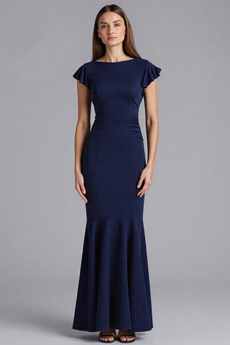 Marineblau Ruffled Sheath Kurze Ärmel Satin Lange Formelle Kleid