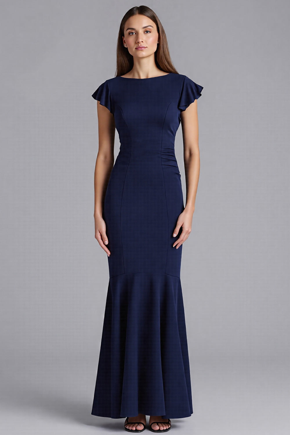 Marineblau Ruffled Sheath Kurze Ärmel Satin Lange Formelle Kleid
