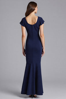 Marineblau Ruffled Sheath Kurze Ärmel Satin Lange Formelle Kleid