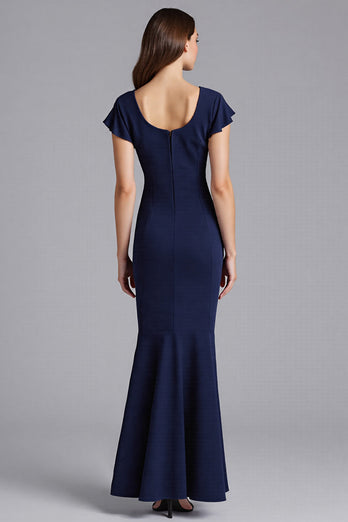 Marineblau Ruffled Sheath Kurze Ärmel Satin Lange Formelle Kleid