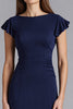 Laden Sie das Bild in den Galerie-Viewer, Marineblau Ruffled Sheath Kurze Ärmel Satin Lange Formelle Kleid