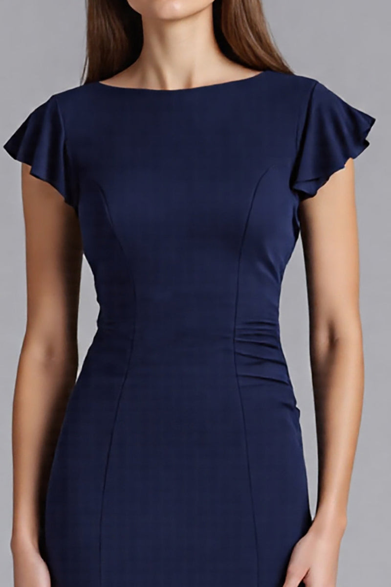 Laden Sie das Bild in den Galerie-Viewer, Marineblau Ruffled Sheath Kurze Ärmel Satin Lange Formelle Kleid