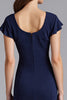 Laden Sie das Bild in den Galerie-Viewer, Marineblau Ruffled Sheath Kurze Ärmel Satin Lange Formelle Kleid