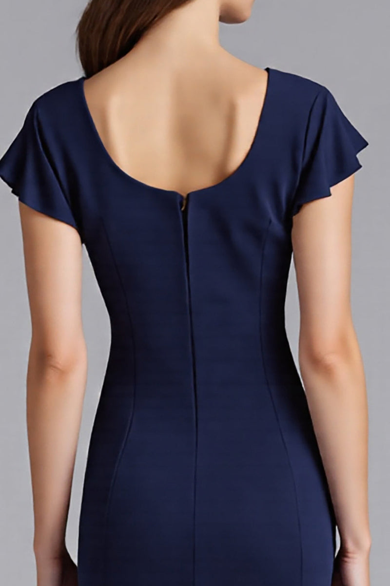 Laden Sie das Bild in den Galerie-Viewer, Marineblau Ruffled Sheath Kurze Ärmel Satin Lange Formelle Kleid