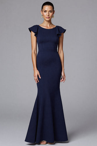 Elegante Marineblau Sheath Satin Lange Formelle Kleid mit Rüschen