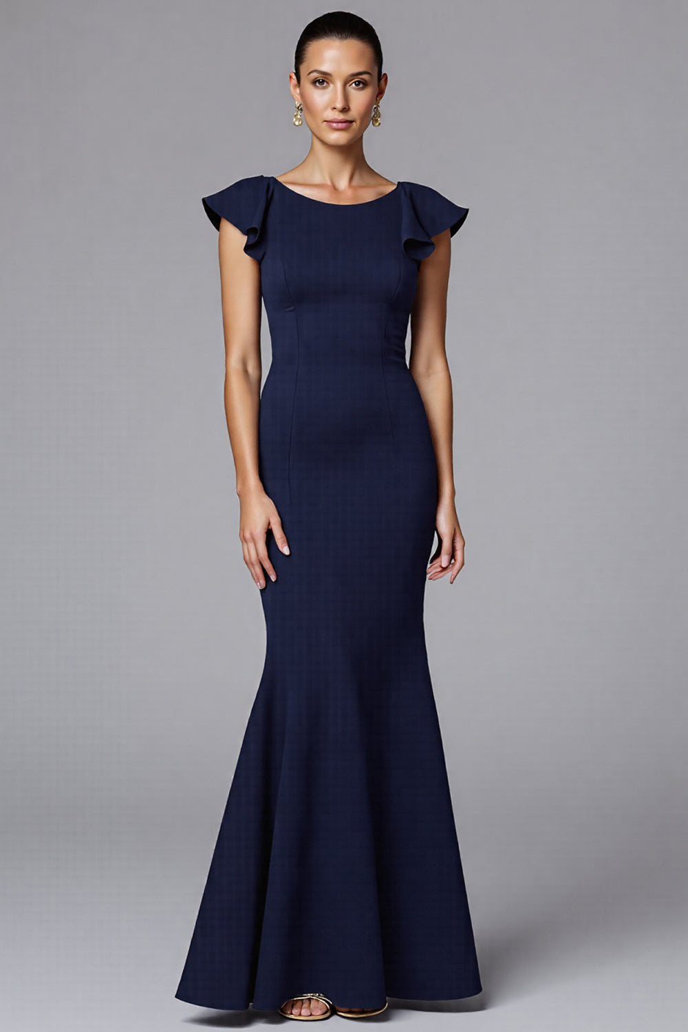 Elegante Marineblau Sheath Satin Lange Formelle Kleid mit Rüschen