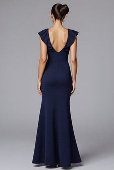 Elegante Marineblau Sheath Satin Lange Formelle Kleid mit Rüschen