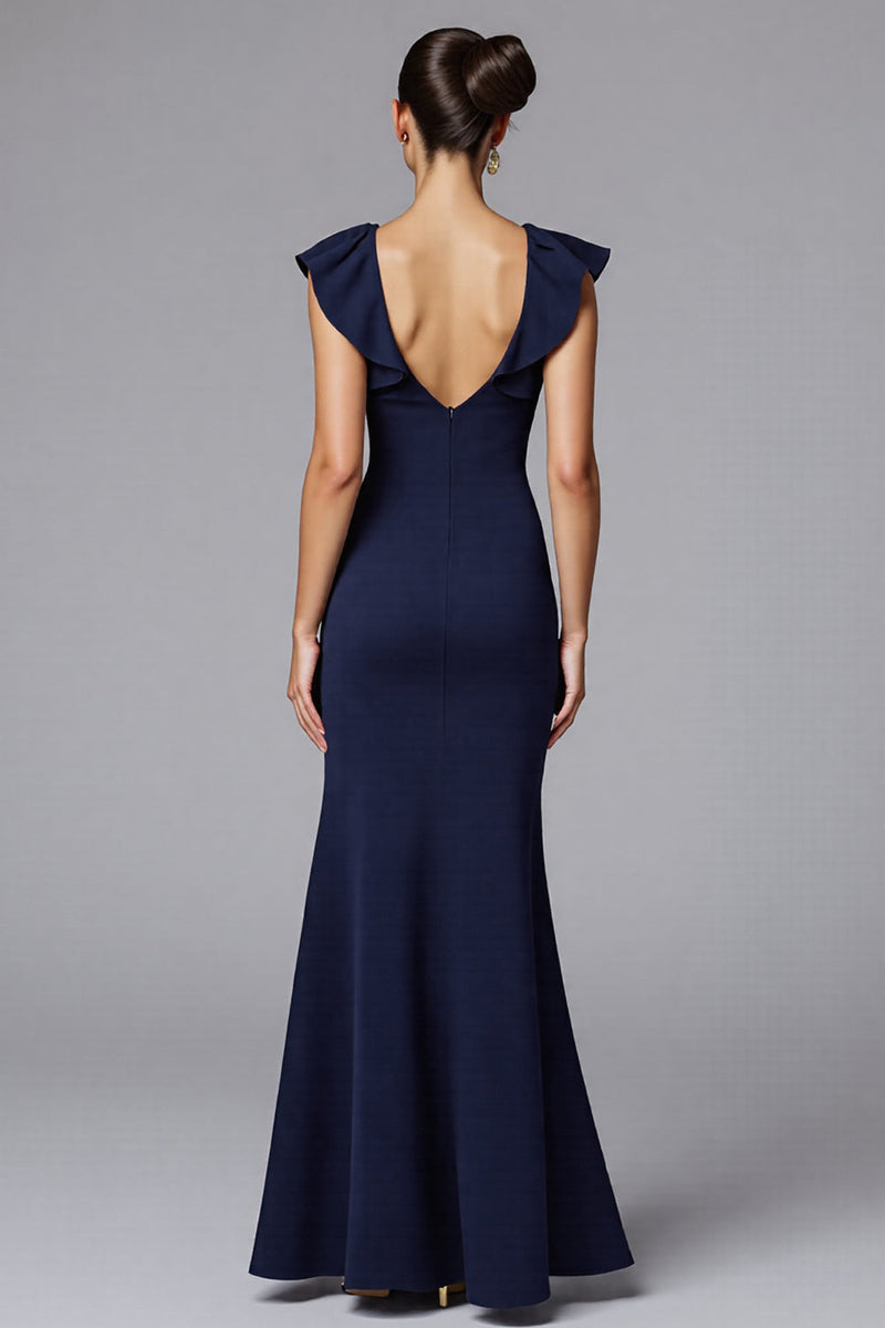 Laden Sie das Bild in den Galerie-Viewer, Elegante Marineblau Sheath Satin Lange Formelle Kleid mit Rüschen