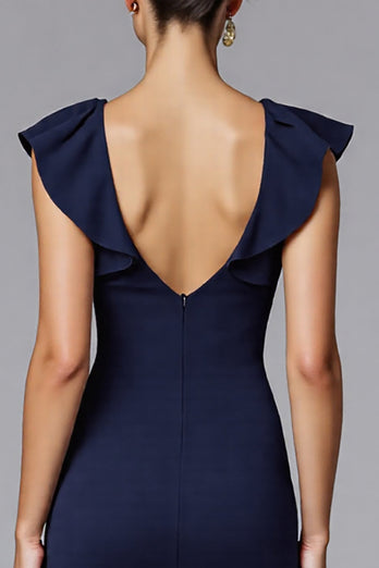 Elegante Marineblau Sheath Satin Lange Formelle Kleid mit Rüschen