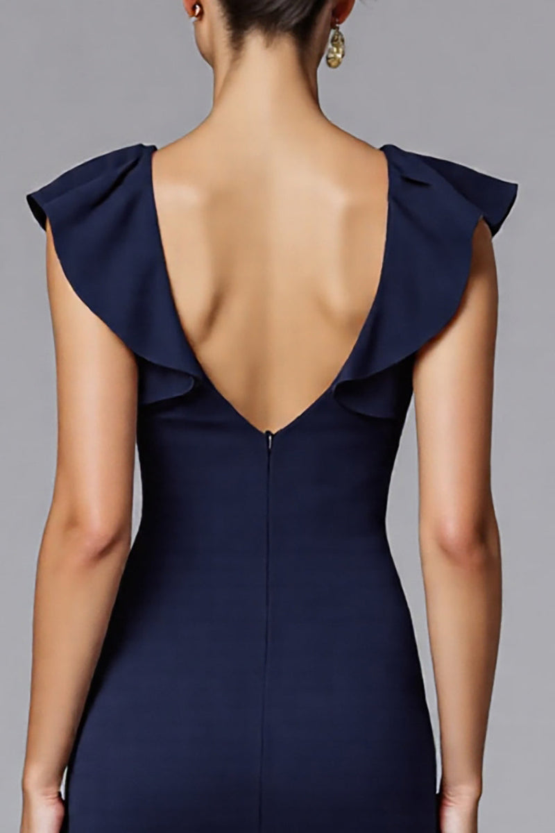 Laden Sie das Bild in den Galerie-Viewer, Elegante Marineblau Sheath Satin Lange Formelle Kleid mit Rüschen