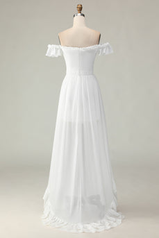 Schulterfreies Weißes Standesamtkleid mit Rüschen