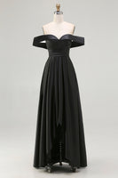 Laden Sie das Bild in den Galerie-Viewer, Schwarz A-Linien Off Schulter Satin Maxi Abendkleid mit Schlitz
