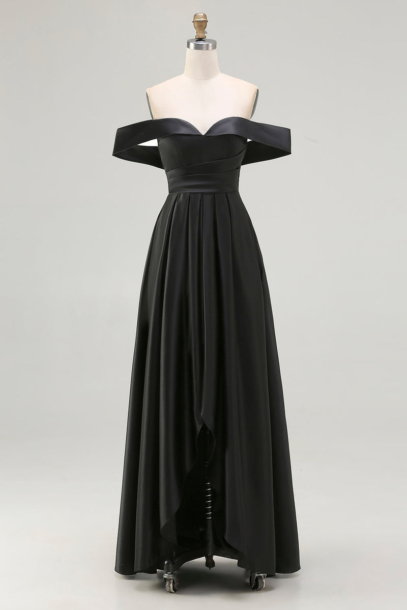 Laden Sie das Bild in den Galerie-Viewer, Schwarz A-Linien Off Schulter Satin Maxi Abendkleid mit Schlitz