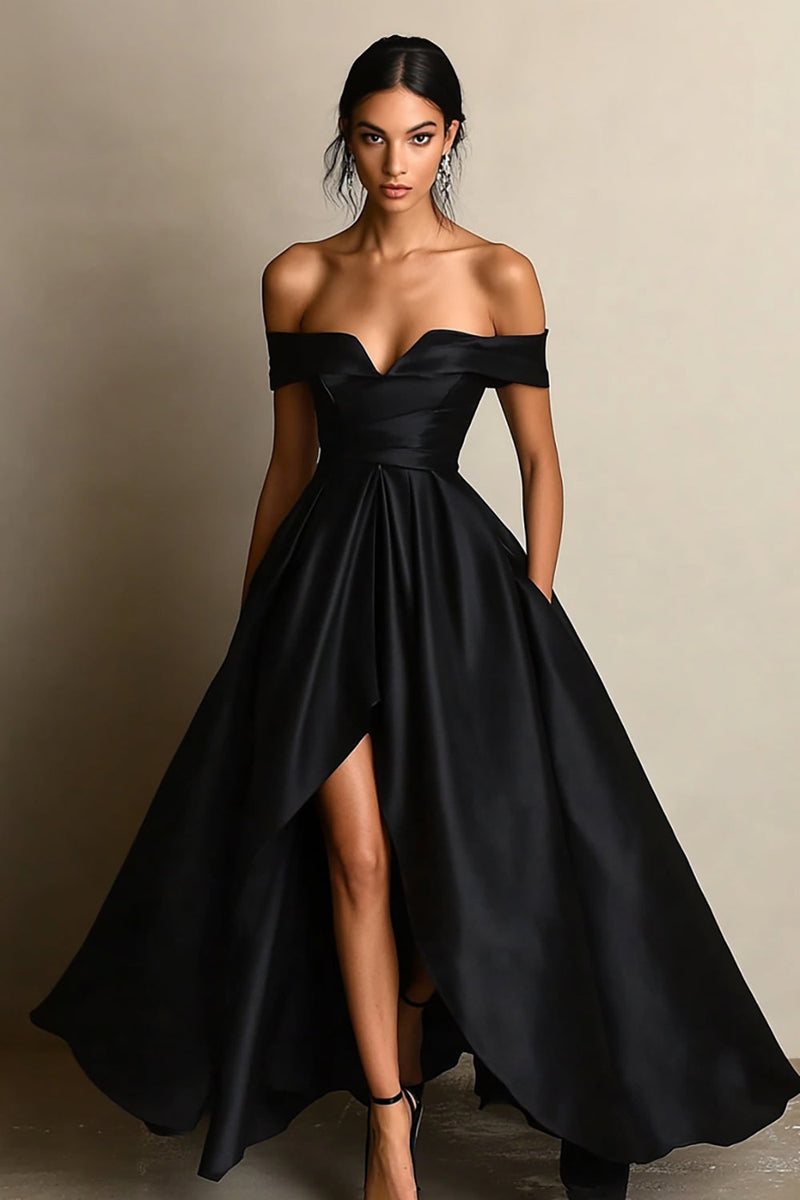 Laden Sie das Bild in den Galerie-Viewer, Leely Women Black A Line Satin Maxi Formal Dress with Slit Off the Shoulder Sleeveless Black Tie Dress