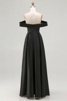 Laden Sie das Bild in den Galerie-Viewer, Schwarz A-Linien Off Schulter Satin Maxi Abendkleid mit Schlitz
