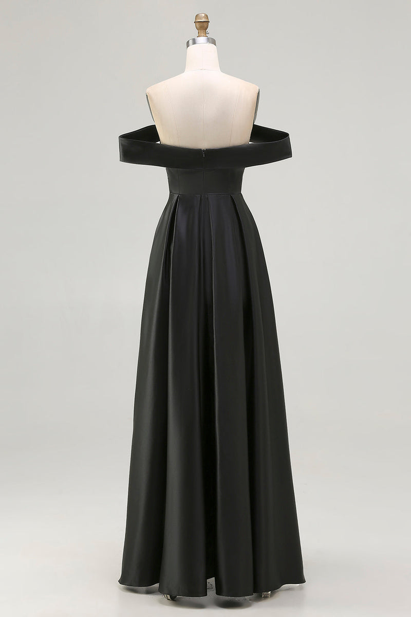 Laden Sie das Bild in den Galerie-Viewer, Schwarz A-Linien Off Schulter Satin Maxi Abendkleid mit Schlitz