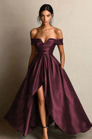 Laden Sie das Bild in den Galerie-Viewer, Schwarz A-Linien Off Schulter Satin Maxi Abendkleid mit Schlitz