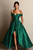 Laden Sie das Bild in den Galerie-Viewer, Schwarz A-Linien Off Schulter Satin Maxi Abendkleid mit Schlitz