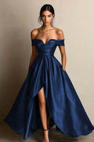 Laden Sie das Bild in den Galerie-Viewer, Schwarz A-Linien Off Schulter Satin Maxi Abendkleid mit Schlitz