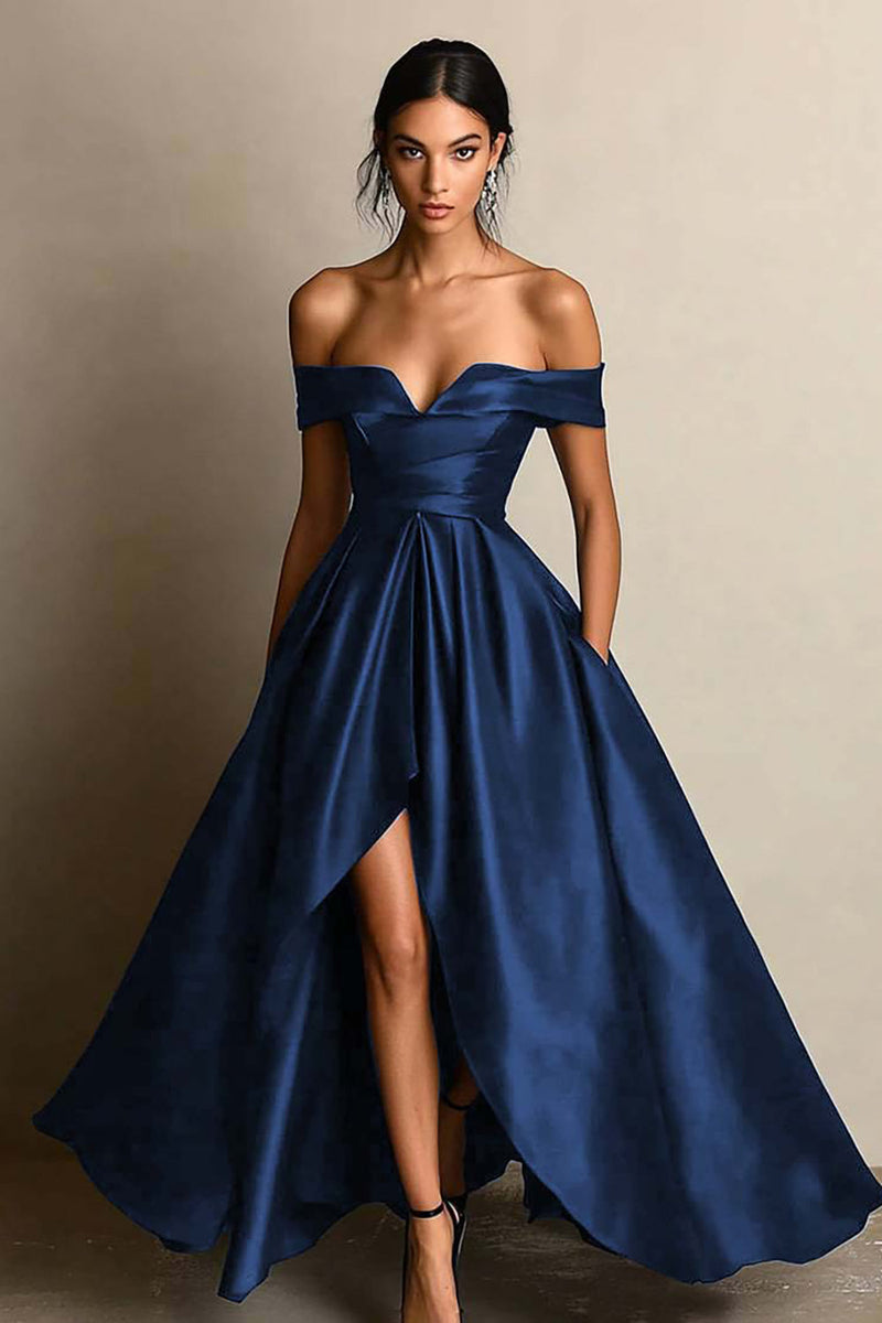 Laden Sie das Bild in den Galerie-Viewer, Schwarz A-Linien Off Schulter Satin Maxi Abendkleid mit Schlitz