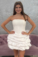Laden Sie das Bild in den Galerie-Viewer, Weiß A Linie Gestufte Trägerlos Kurze Party Kleid mit Schleife