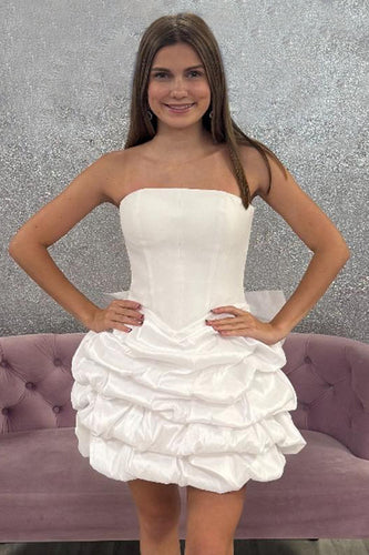 Weiß A Linie Gestufte Trägerlos Kurze Party Kleid mit Schleife