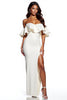 Laden Sie das Bild in den Galerie-Viewer, Weiß Sheath Satin Schulterfreie Maxi Formelle Kleid mit Schlitz