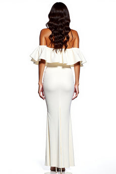 Weiß Sheath Satin Schulterfreie Maxi Formelle Kleid mit Schlitz
