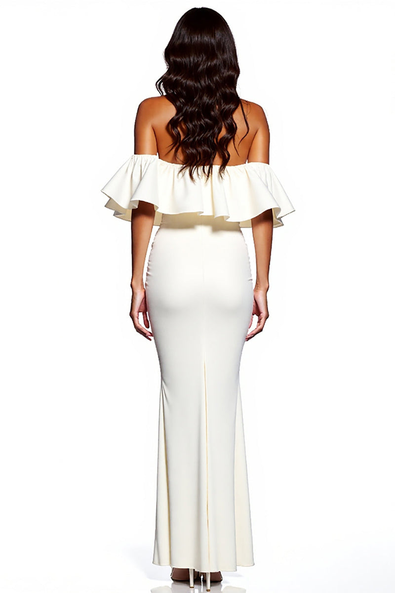 Laden Sie das Bild in den Galerie-Viewer, Weiß Sheath Satin Schulterfreie Maxi Formelle Kleid mit Schlitz