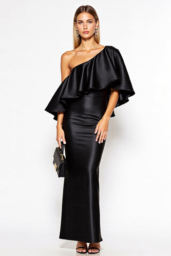 Etui Eine Schulter Satin Lange Schwarz Krawattenkleid mit Rüschen