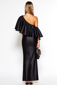 Etui Eine Schulter Satin Lange Schwarz Krawattenkleid mit Rüschen