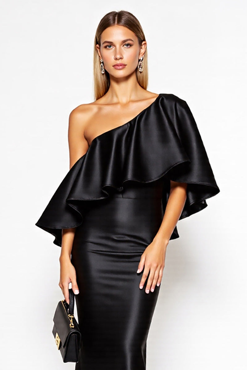 Laden Sie das Bild in den Galerie-Viewer, Etui Eine Schulter Satin Lange Schwarz Krawattenkleid mit Rüschen